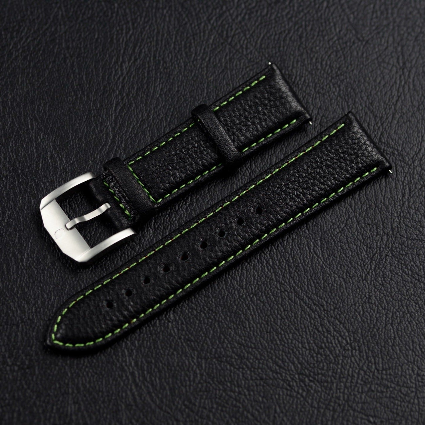 Black/Green stitching leather strap 22/20mm