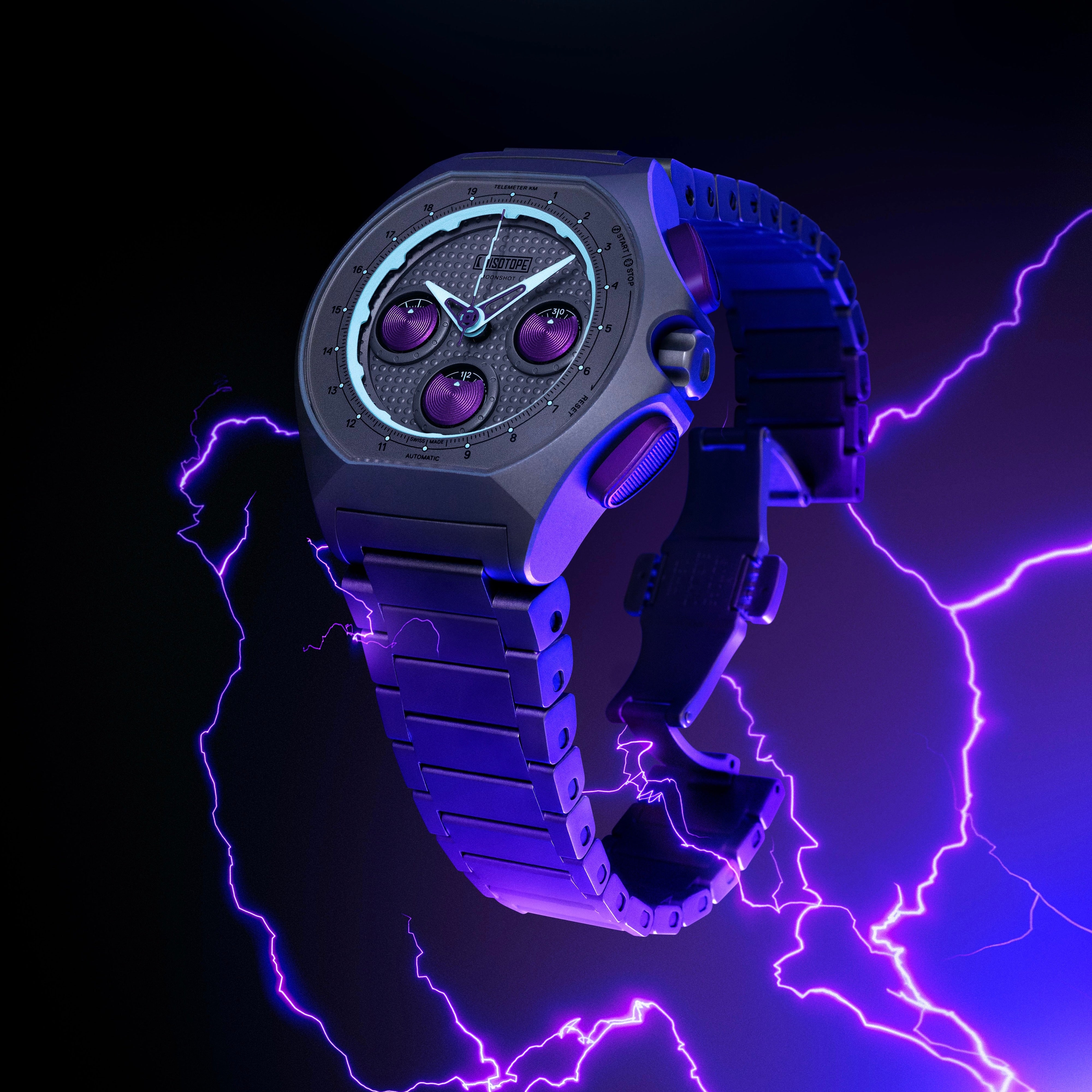 Isotope Moonshot Chronograph Thunderclap with a dark background and lightning effects