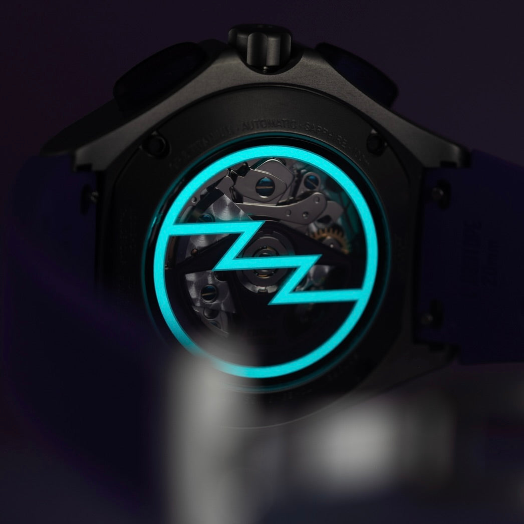 Isotope Moonshot Chronograph Thunderclap with glowing luminova on a dark background