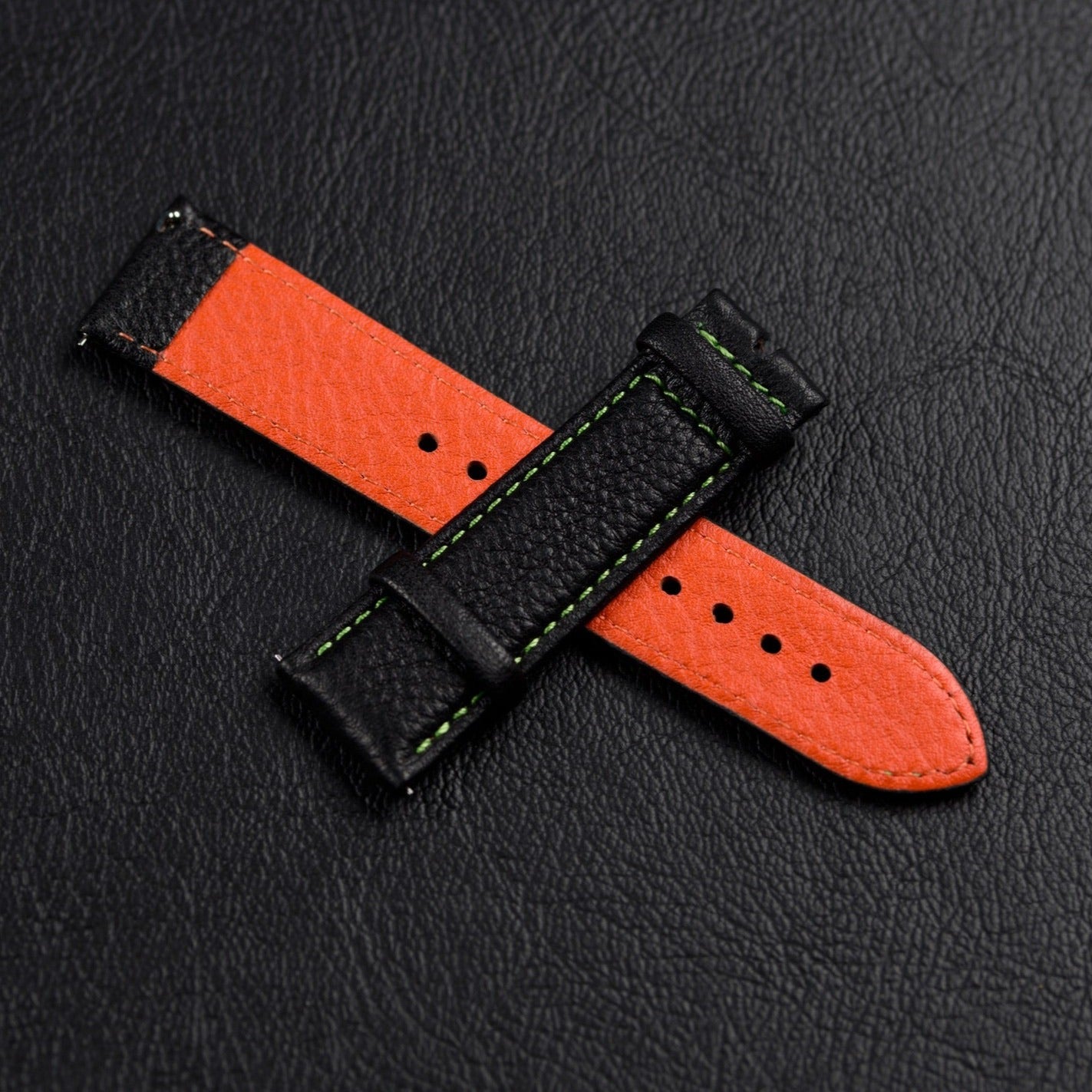Black/Green stitching leather strap 22/20mm