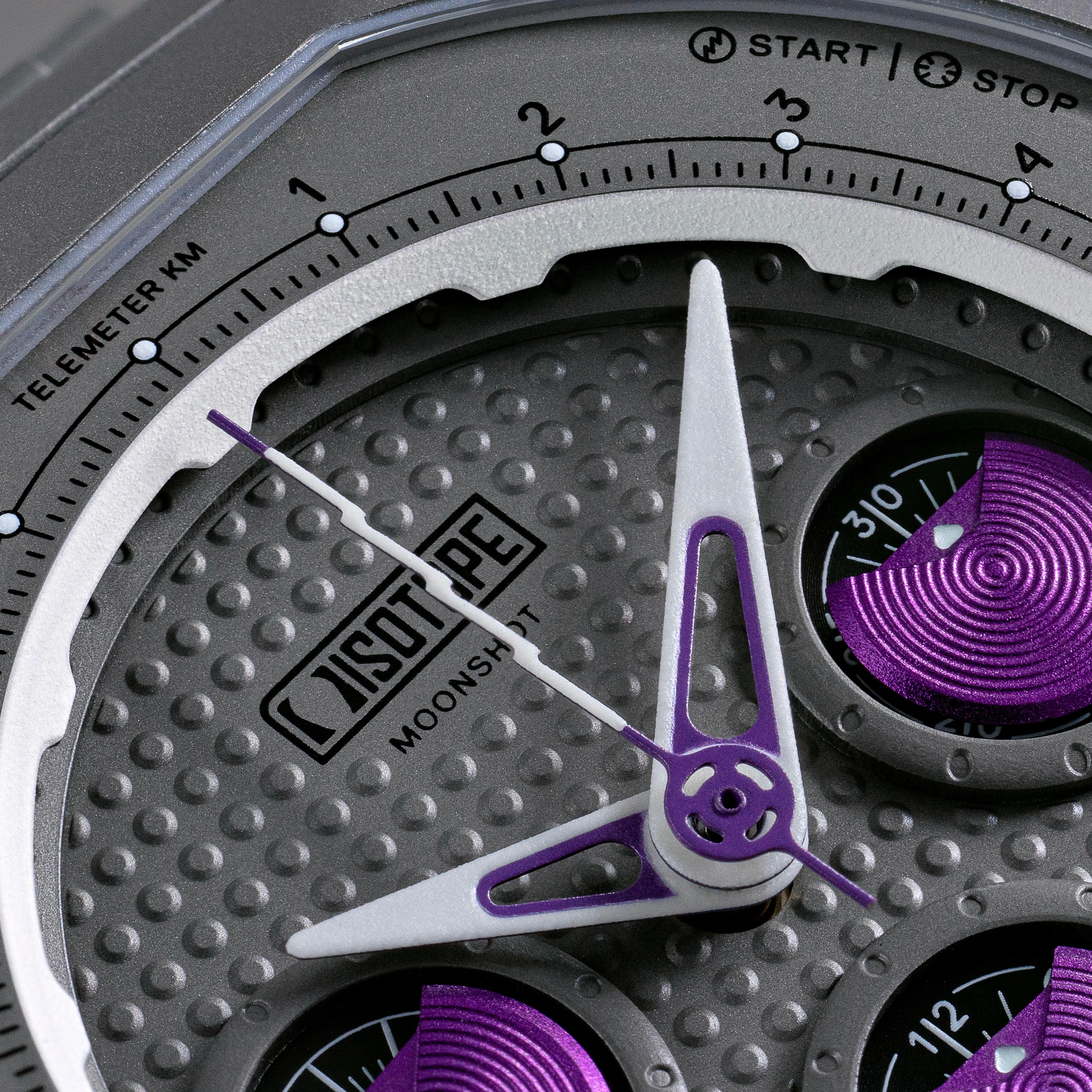 Isotope Moonshot Chronograph Thunderclap dial Close-up purple and grey accents