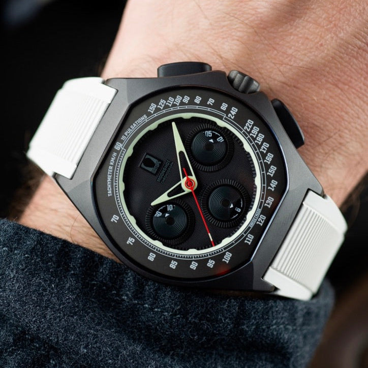 Close-up of a person wearing a Moonshot Stealth with a white strap