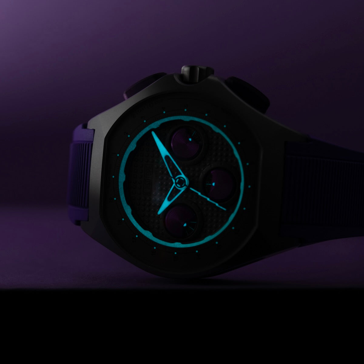 Isotope Moonshot Chronograph Thunderclap with glowing luminova on a dark background