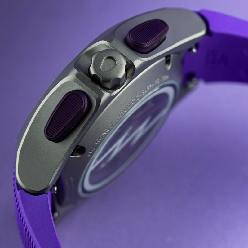 Isotope Moonshot Chronograph Thunderclap Close-up of purple pushbuttons